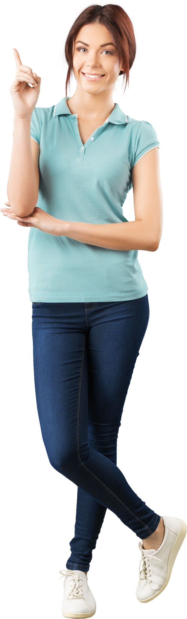 Woman Pointing up Standing in Full Length